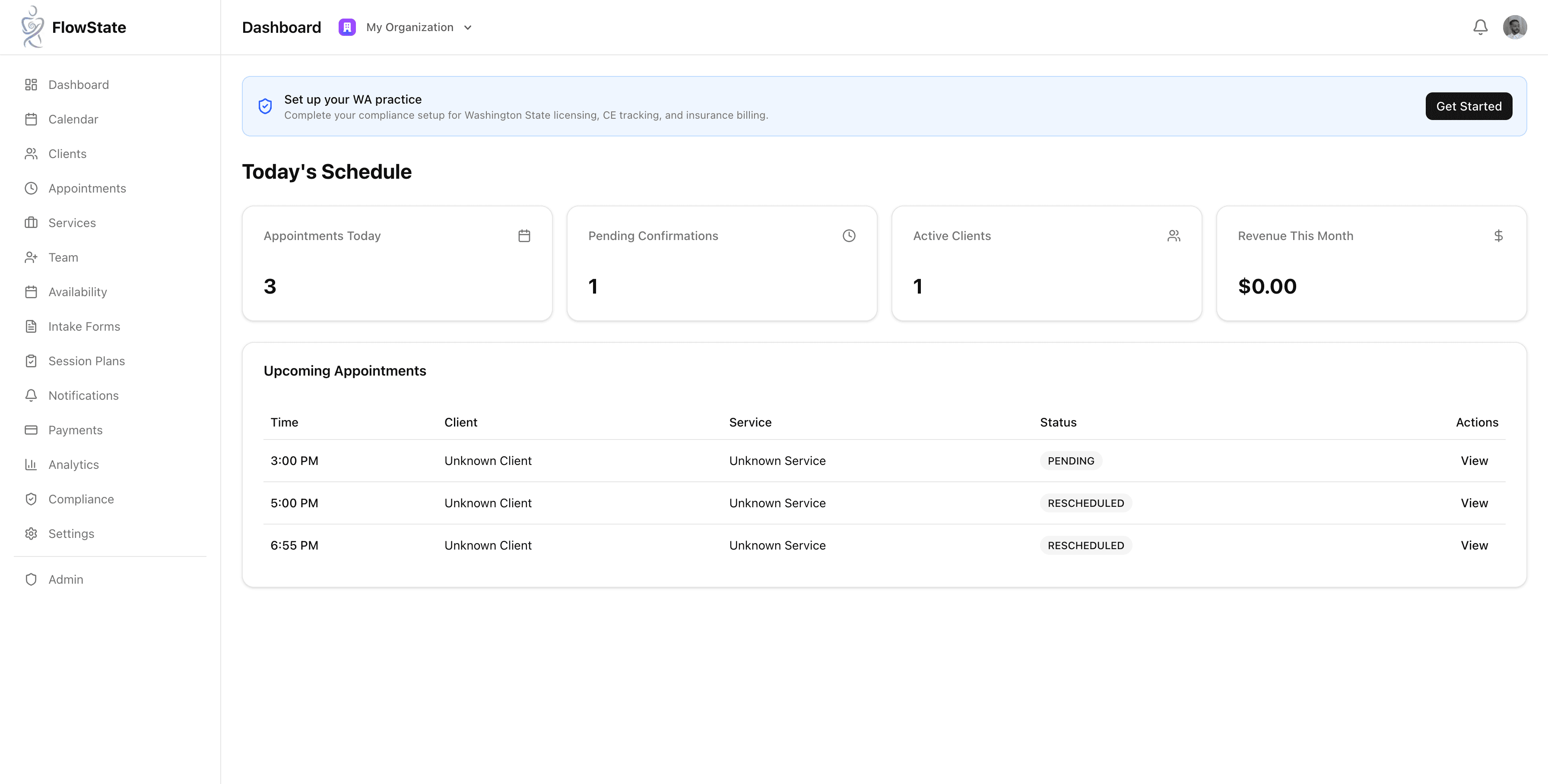 FlowState dashboard showing appointment scheduling and client management
